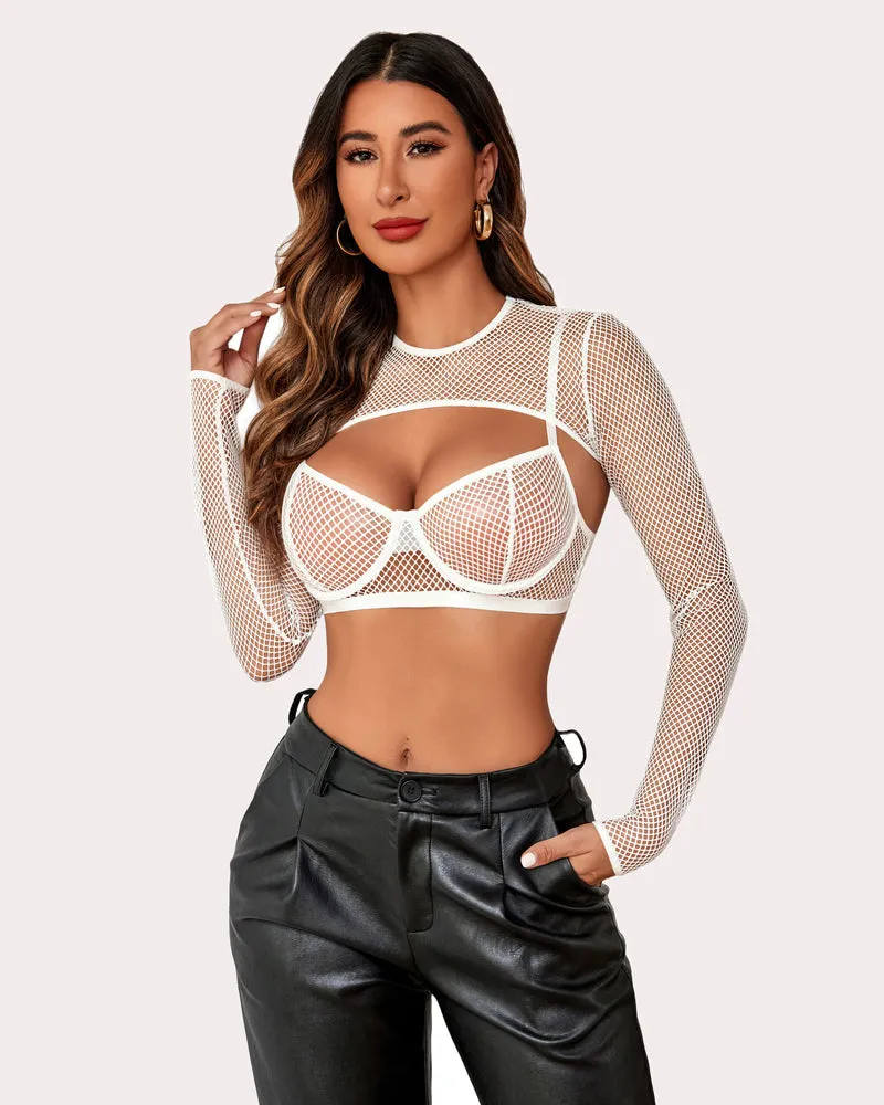 3 Pieces Sets Fishnet Crop Top Sheer Bra and Panty