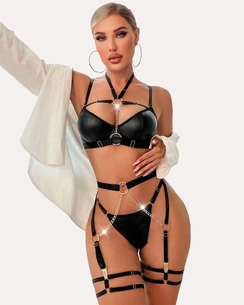 5 Piece Push Up Bra Set with Chain