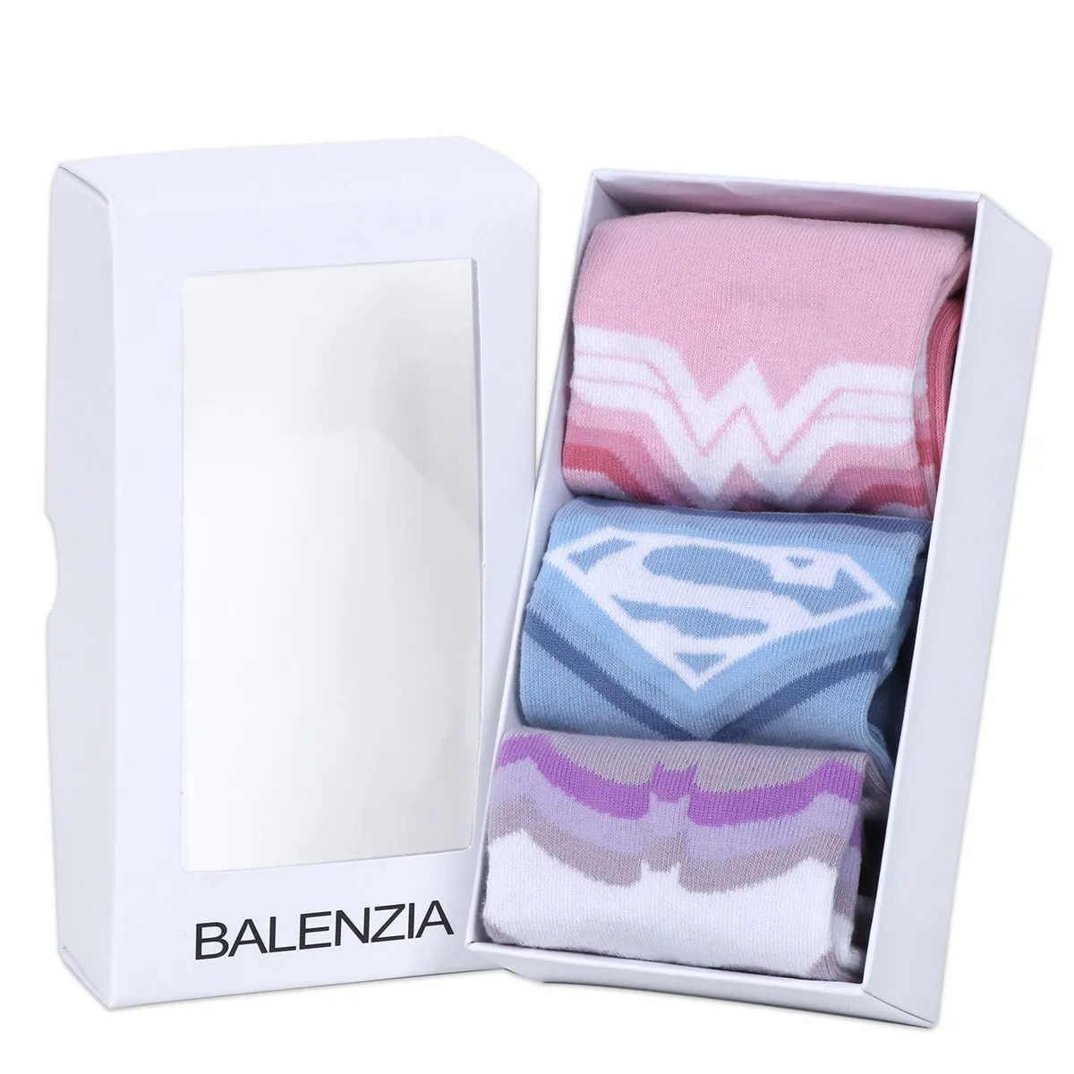 Balenzia X Justice League Women's Combed Cotton Ankle Length Socks-Pack of 3 Pairs/1U (Pink,Blue,Purple)(Free Size) Superman, Batman, Wonder Woman