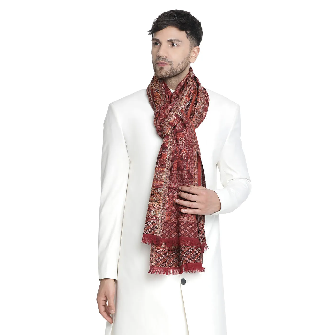 Faizal Dark Marron Wool Metallic Jacquard Muffler