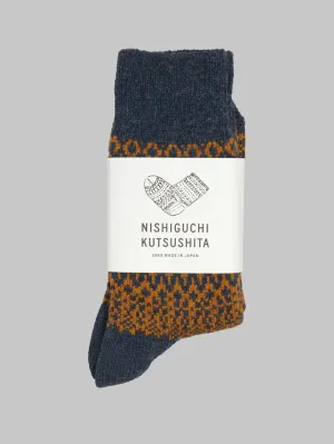 Nishiguchi Kutsushita Wool Jacquard Socks Navy & Orange